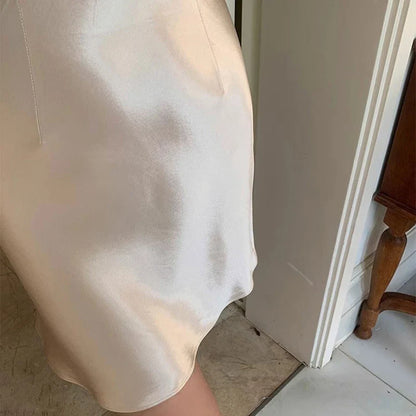 2026 Summer Lady High Waist Thin Acetate Satin Skirts Lady Solid Color A-line Dresses Girls Chic Korean Fashion Skirts