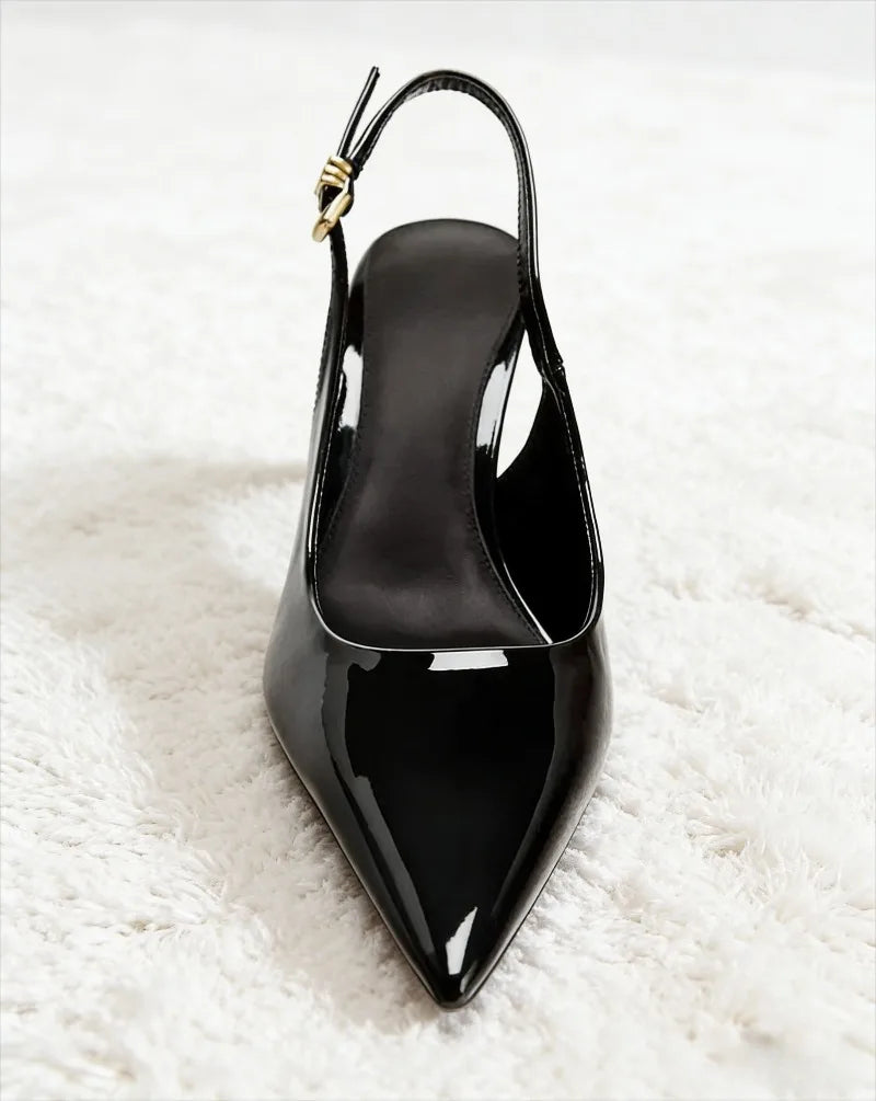Sexy Black Pointed Toe Patent Leather Pumps Women Luxury Metal Ankle Strap Buckle Brand Designer Shoes Cozy Commuter Office Shoe