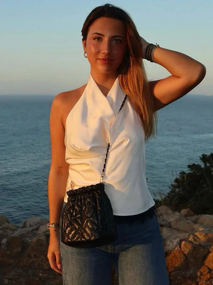 Spring Elegant Women Satin Halter Tops 2026 Summer Backless Off Shoulder Corset Vest Female Fashion Slim Crop Tank Top