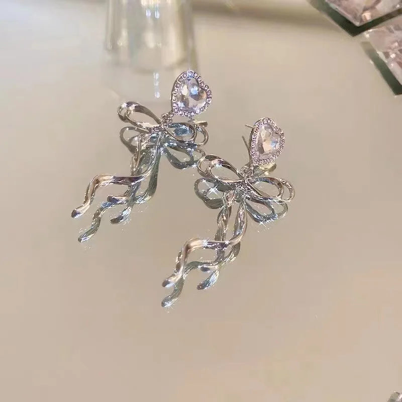 Jewelry Sweet Heart Rhinestone Butterfly Shape Dangle Earrings for Women Silver Color Korean Fashion Y2K Piercing Earring