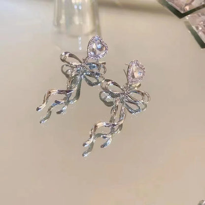 Jewelry Sweet Heart Rhinestone Butterfly Shape Dangle Earrings for Women Silver Color Korean Fashion Y2K Piercing Earring