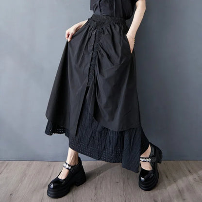 Spring And Summer Woman Hollow-out Splicing Irregular Fashion Loose Patchwork Drawstring Elastic Waist Pleated Umbrella Skirt