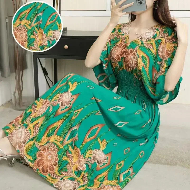 Flower V-neck Elastic Youthful Bohemian Sweet Midi Dress Woman Clothes Chic Fashion Summer Dresses 2025 Large Swing Ski