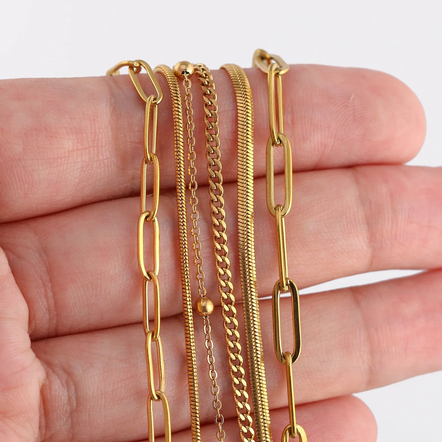 5Pcs/Lot Stainless Steel Bead Rope Link/Cuban/Paperclip Links Snake Chain Necklace Diy Women Jewelry 18K Gold Color Neck Chains