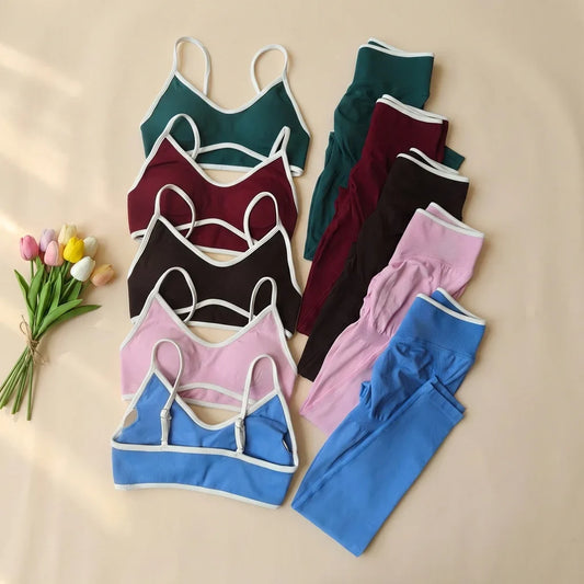 Women 2pcs Sport Sets Gym Push Up Yoga Pants Hollow Back Fitness Bras Workout High Waist Leggings Seamless Tights  Gym Set Suit