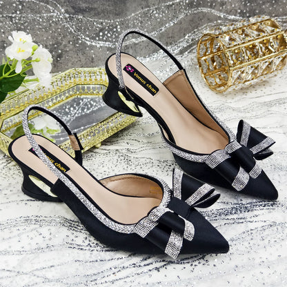 Shoes and Bag to Match Wine Colour Pointed-Toe Rhinestone Bow Party Women's High Heels
