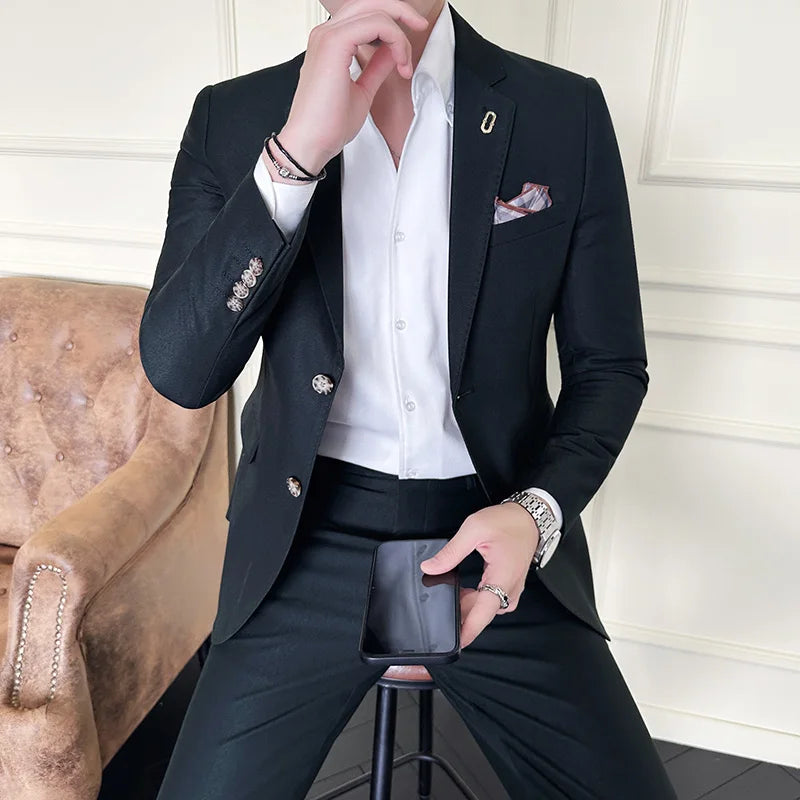 Men's Korean Style Slim Fit Suit Set, High Quality Fabric Solid Color Edge Pressing for Wedding Business