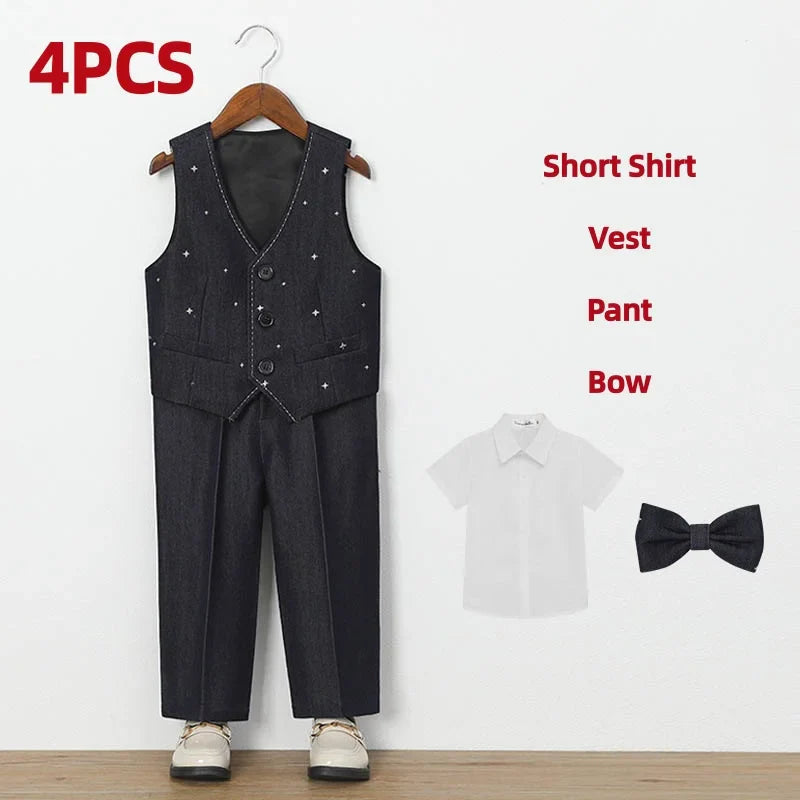 Autumn Children Boys Wedding Suit Star Printed Blazer Vest Pant 3/4/5Pcs Suit Outfit Set Formal Elagant Suit For Boys 1-10 Years