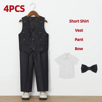 Autumn Children Boys Wedding Suit Star Printed Blazer Vest Pant 3/4/5Pcs Suit Outfit Set Formal Elagant Suit For Boys 1-10 Years