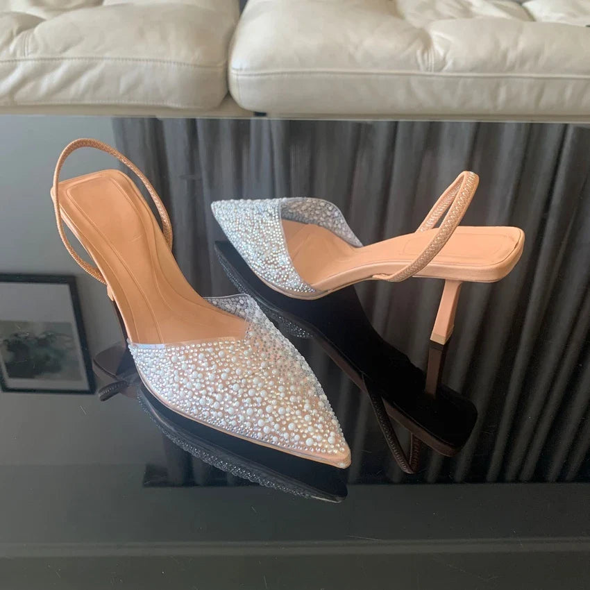 2024 Moda Verão Feminina Salto Alto Decoração de Pérolas Slingback Scarpin Feminino Salto Fino Bico Fino Sandálias Sapatos Femininos Elegantes