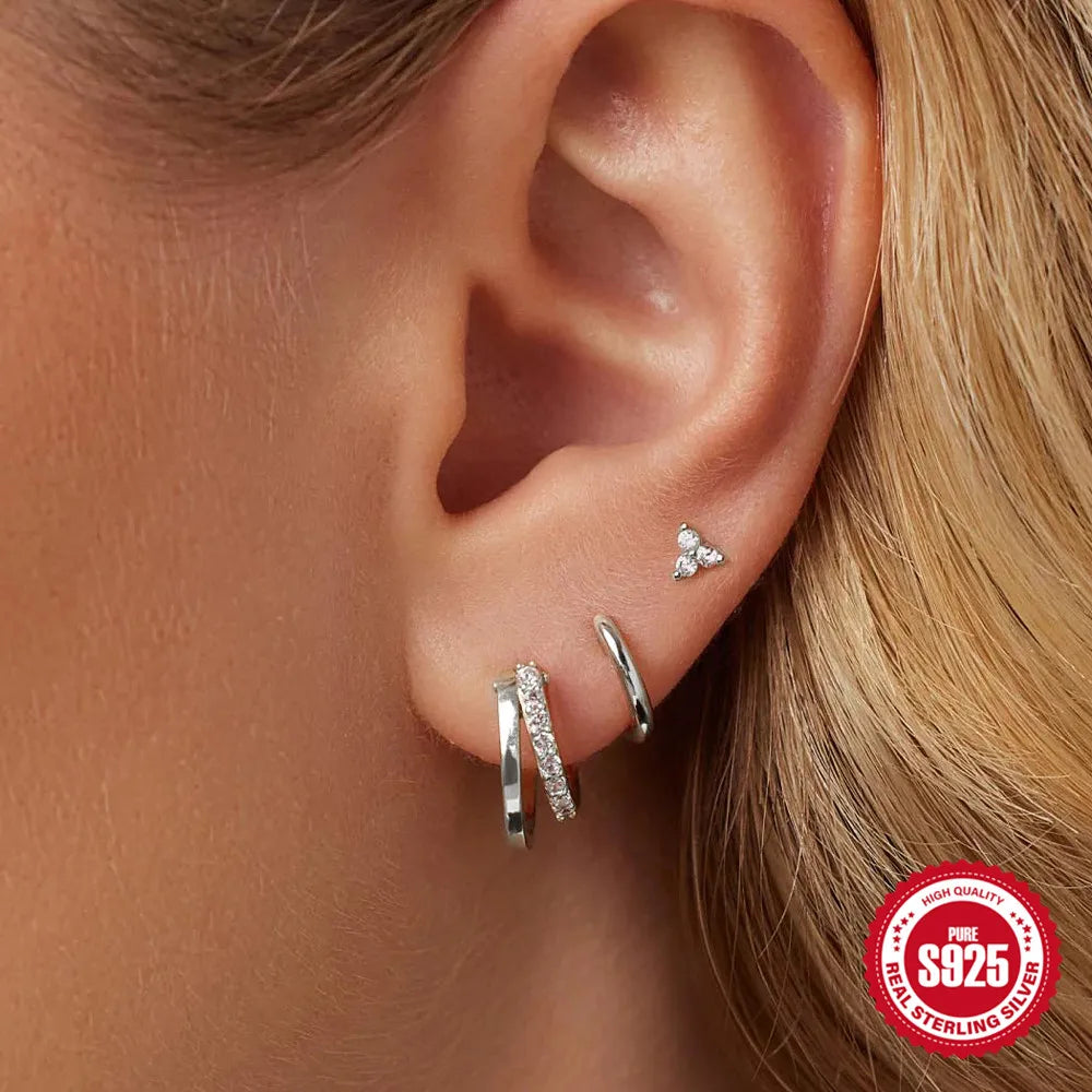 925 Sterling Silver 3PCS Zircon Double Layer Hoop Earrings For Women Minimalism Ins Earrings Fine Jewelry Party Gift