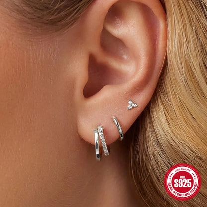 925 Sterling Silver 3PCS Zircon Double Layer Hoop Earrings For Women Minimalism Ins Earrings Fine Jewelry Party Gift