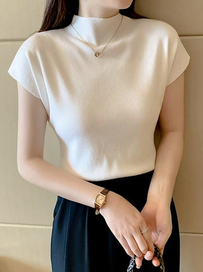New Women Summer Knitted Turtleneck Sleeveless T-Shirts Tops Solid Slim Fit Pullovers Causal Tees Female Streetwear Basics Tees