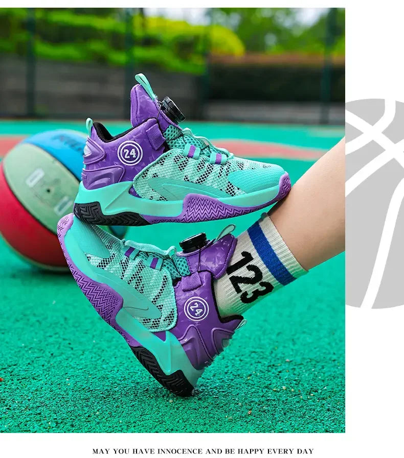 Boys Girls Quick Twist Lace Basketball Shoes Wear Resistant Comfortable Outdoor Athletic Footwear