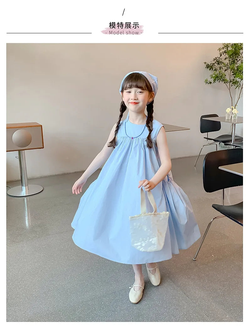 Summer Junior Girl Sleeveless Dress Solid Side Big Pockets Blue Ruched Dress For 2-10Y Girls Casual Round Collar Baby Girl Dress