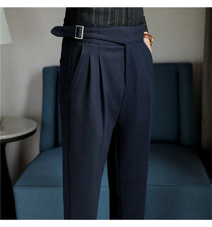 Luxury Men's Slim High-Rise Dress Pants - Heavyweight Subtle Stripe with 3D Pleats & Naples Tailoring