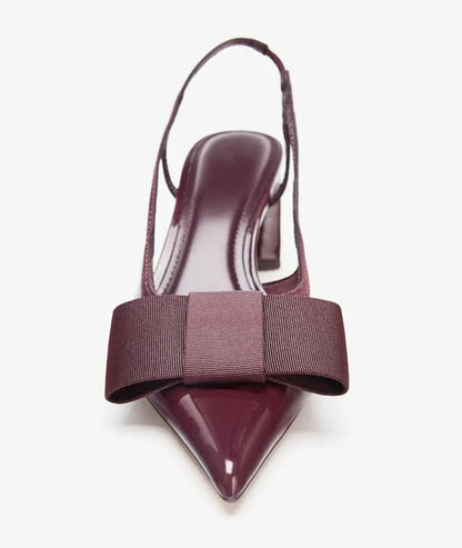 Sexy Burgundy Patent Leather Pointed Toe Pumps Women Fashion Bow Slingback Brand Designer Shoes Elegant Cozy Banquet Dress Shoes