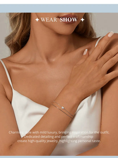 925 Sterling Silver Sparkling Heart Double Layer Bracelet for Women Adjustable Lock Chain Bracelet Fine Jewelry Gift