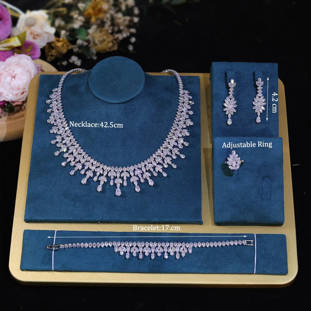 Dubai Jewelry Sets Leaf Design Bridal Necklace Earring Set 5A Cubic Zirconia Femme Ladies Wedding Accessories