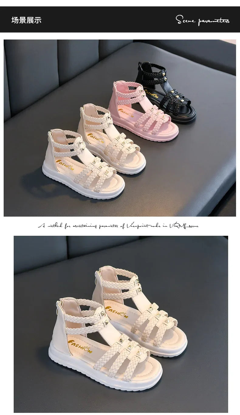 Girls Roman Sandals Open Toe Braided Solid Color High-top Simple Rivets New Summer Hollow Flat Casual Shoes Kids Fashion Casual