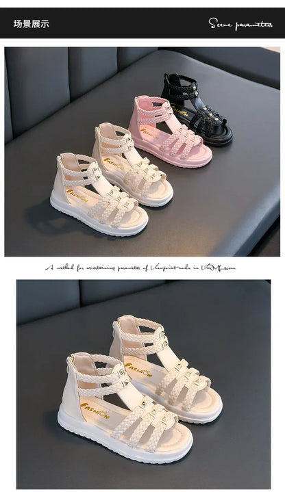 Girls Roman Sandals Open Toe Braided Solid Color High-top Simple Rivets New Summer Hollow Flat Casual Shoes Kids Fashion Casual