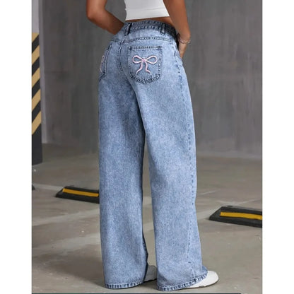 High waisted  Bow Embroidered Pocket Wide Leg Jeans