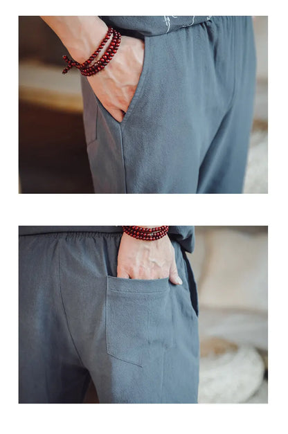 (Shirt + trousers) 2025 summer Chinese Style men shirt Cotton and linen shirts men's High quality casual shirts Two Piece M-5XL