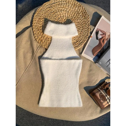 Spice Girl Hair Halter Neck Camisole Female Imitation Mink Inside Tank Top  Autumn and Winter Design Sense Knitted Bandeau Top