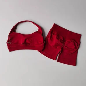 2pcs Sexy Halter Neck Beautiful Back High Waist Peach Sports Bras Set Suit Pilates Gathering Training Yoga Vest Fitness Bra