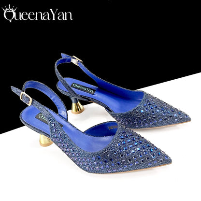 Italian Design Rhinestone Luxury Green Colour Pointed Toe Shoe & Bag Set Women's High Heels for Parties High Quality