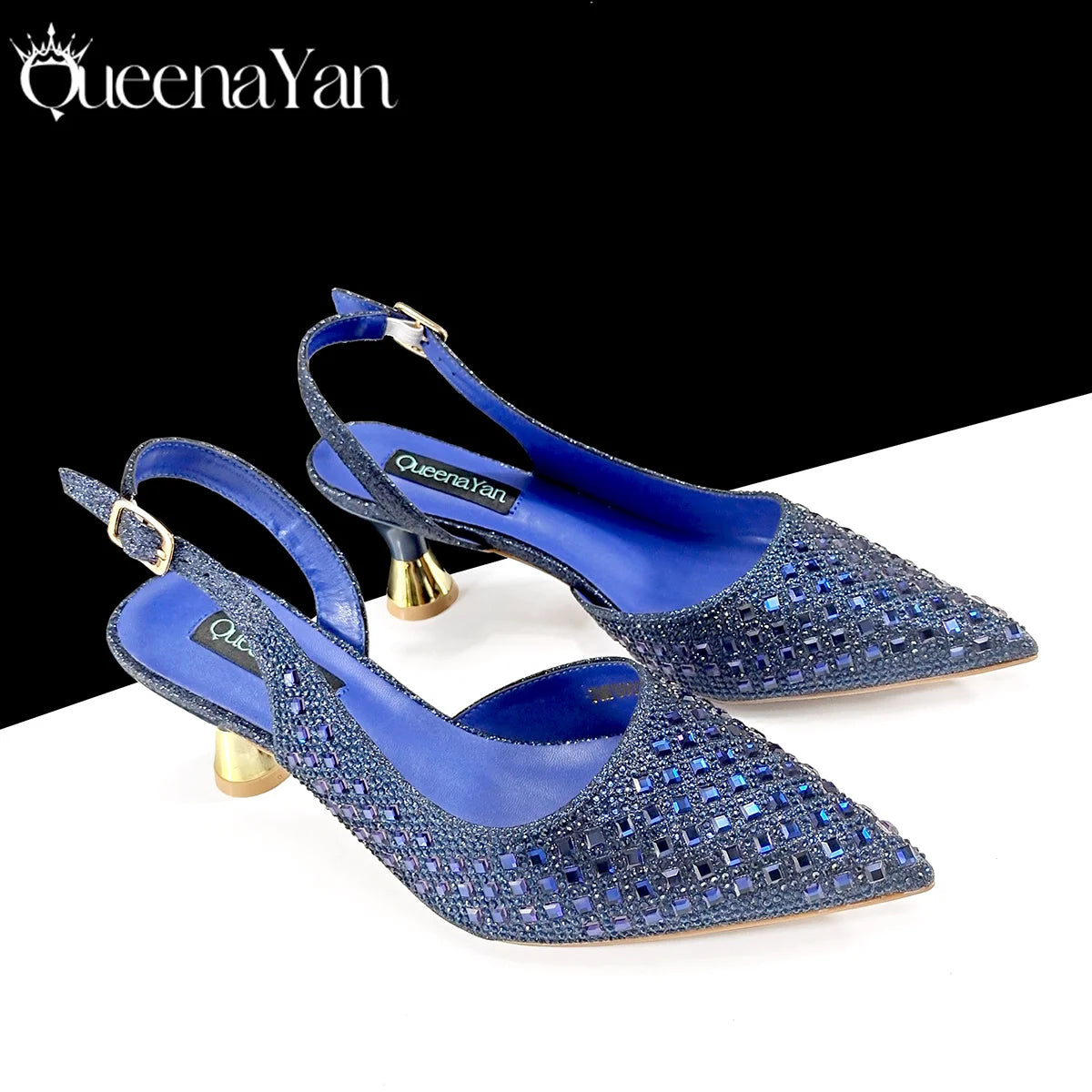 Italian Design Rhinestone Luxury Navy Blue Pointed Toe Shoe & Bag Set Women High Heels for Parties High Quality