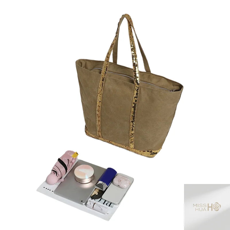 Multi-purpose Canvas Tote Bag with Sequins, Large Capacity for Women's Daily Use