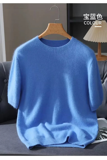 Men's Sweater Pullover Short Sleeved Summer Mink Knit Sweater Loose Round Neck Solid Color Half Sleeved Simple T-Shirt Casualtop