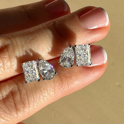 Double Mossanite Stud Earrings for Women Radiant/Pear Cut D Color VVS1 Lab Diamond Ear Studs with Certificate S925 Fine Jewelry