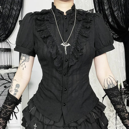 Cotton Shirts Women Vintage Gothic Black White Jacquard Short Sleeve Blouses Elegant Office Lady Y2k Tops