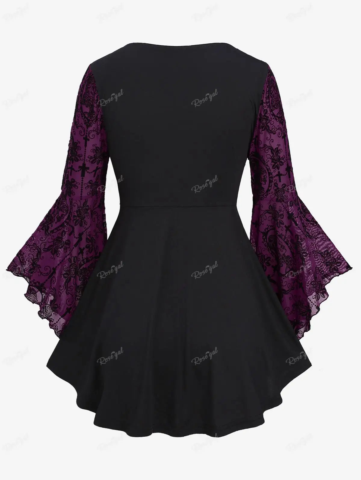 Plus Size Gothic Bell Sleeves Cross Floral Mesh Flocking Lace Up Ruched Ruffles 2 in 1 Long Bell Sleeve Top