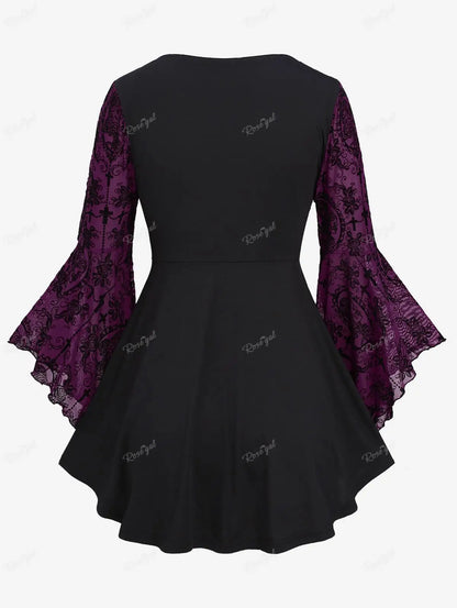 Plus Size Gothic Bell Sleeves Cross Floral Mesh Flocking Lace Up Ruched Ruffles 2 in 1 Long Bell Sleeve Top