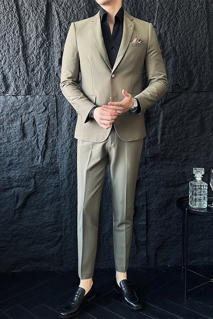 Men's Korean Style Slim Fit Suit Set, High Quality Fabric Solid Color Edge Pressing for Wedding Business