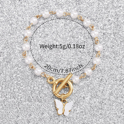 2PCS/Set Women's Watch Fashion Plastic Band Analog Quartz Watch Pearls Butterfly Bracelet Set