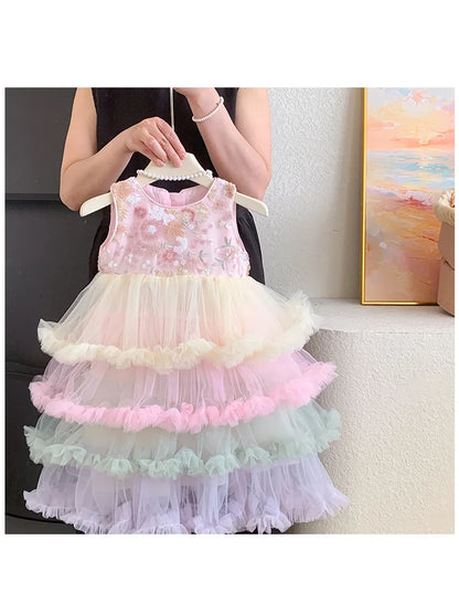 Vestido Regata para Meninas Verão 2025 Novo Vestido Elegante de Malha com Babados para Meninas Vestido Princesa Roupa Infantil de Fada