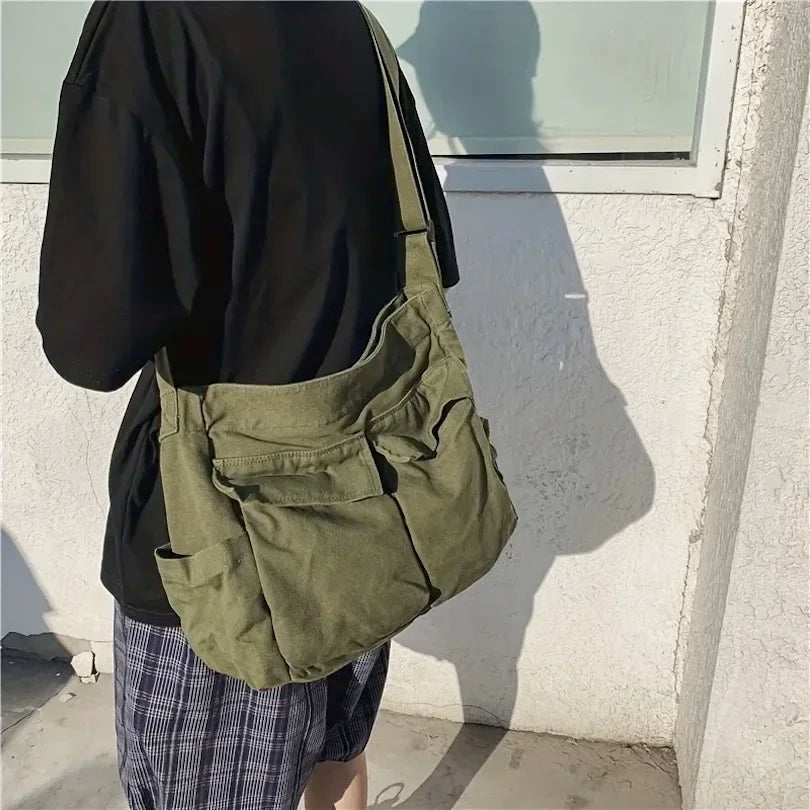 Women's Campus Messenger Bag Large Capacity Solid Color Canvas Shoulder Backpack Casual Handbag