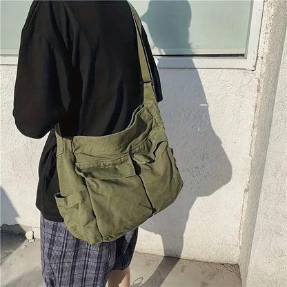 Women's Campus Messenger Bag Large Capacity Solid Color Canvas Shoulder Backpack Casual Handbag