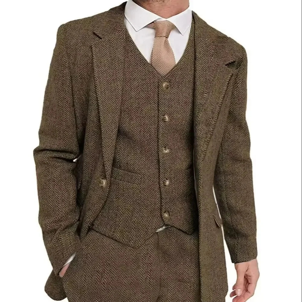 Brown Tweed Sharkskin Men's Formal Suit 3-Piece Smoking Jacket Vest Trousers Business Wedding Grooming