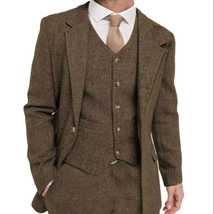 Brown Tweed Sharkskin Men's Formal Suit 3-Piece Smoking Jacket Vest Trousers Business Wedding Grooming