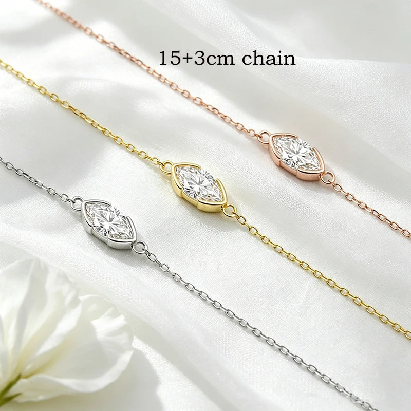 1CT D Color Marquise Cut Moissanite Bracelets for Women Adjustable Chain Birthday Gift 100% Real Pure 925 Silver Jewelry