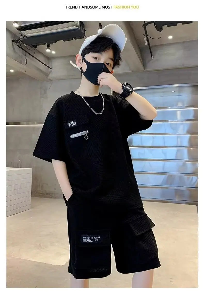 Summer Kids Boys T-Shirt+Shorts 2-Piece Set Letter Printing Children Teen Loose Comfortable Sports Casual Clothes 4-14 Years Old