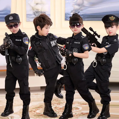 Children Halloween Policeman Cosplay Costumes Kids Carnival Police Uniform 110-160cm Boys Army Policemen Soldier 7 Pcs/Sets