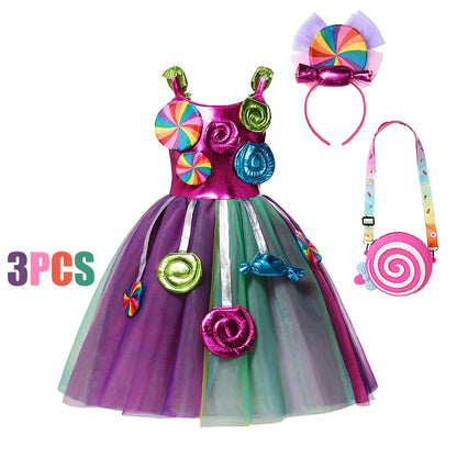 Girls Rainbow Dress Candy Costume Sweet Lollipop Festival Purim Carnival Party 3-10y Children Clothing with Candy Wing Stage Sho