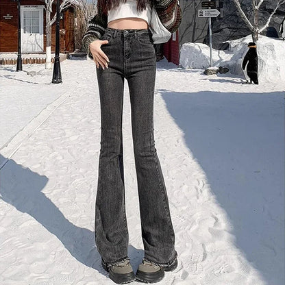2024 Woman High Waist Vintage Flare Jeans Female Gothic Elastic Bell Bottom Pants Lady Streetwear Blue Black Grey Denim Trousers