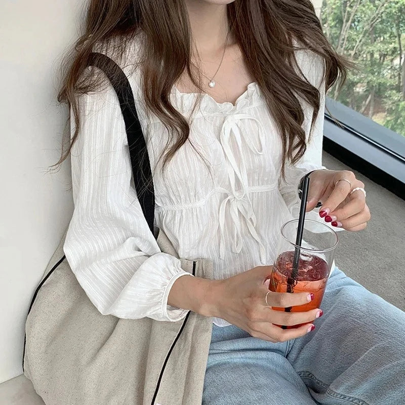 Fashoin New Vintage Loose White Blouse Women Casual Long Sleeve Ruffled Shirt Tops Fashion Square Collar Solid Lady Shirts 11700